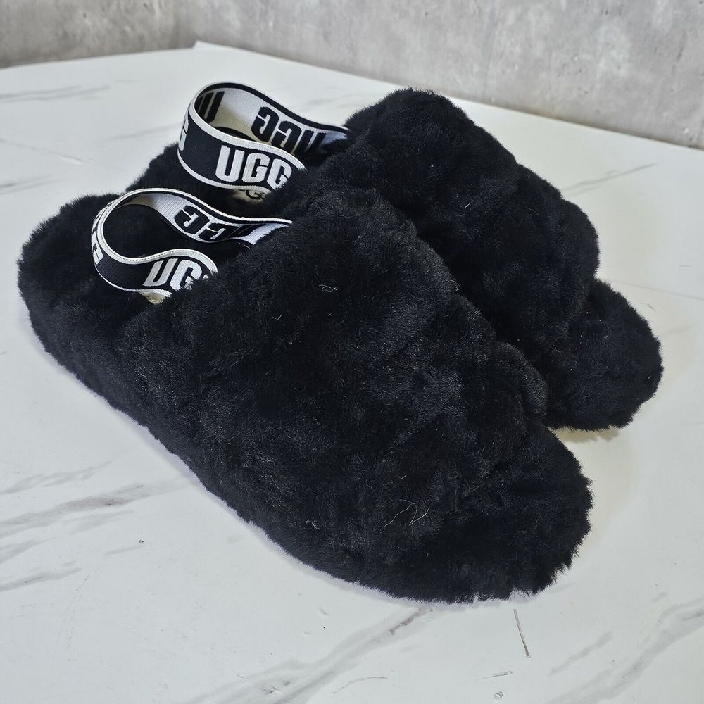 UGG Womens 6‎ Fluff Yeah Slide Black Slippers Sling Back Logo - Picture 4 of 11